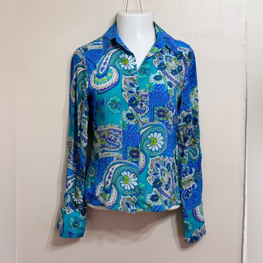 Blue 100% Silk Paisley‎ Women's Top